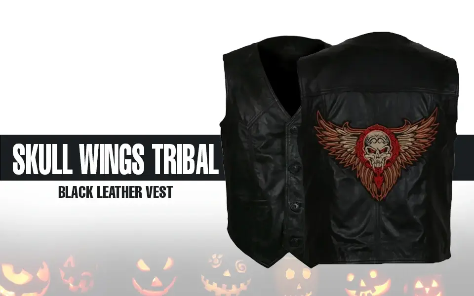 Skull Wings Tribal Black Leather Vest