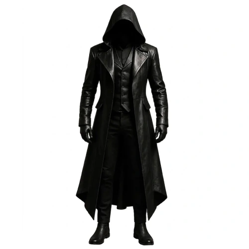 Halloween x Gothic Black Leather Hooded Trench Coat
