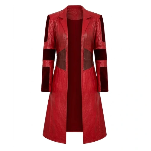 Womens Red Leather Scarlet Witch Trench Coat