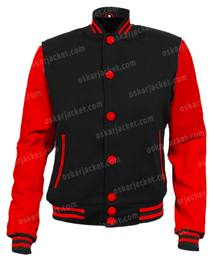 Mens Black and Red Leather Sleeves Letterman Bomber Jacket