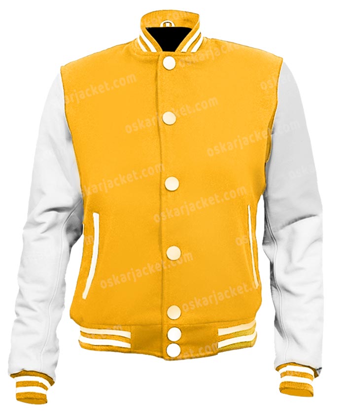 Mens Football Style Yellow and White Letterman Jacket - Oskar Jacket