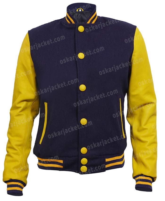 Mens Baseball Navy Blue and Yellow Letterman Jacket - Oskar Jacket