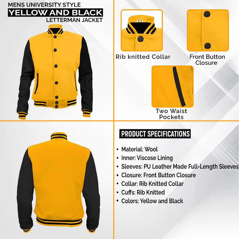 Black Varsity Jacket With Yellow Sleeves College Letterman 