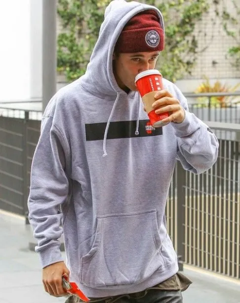 Justin Bieber wearing Supreme Box Logo Hoodie in Grey