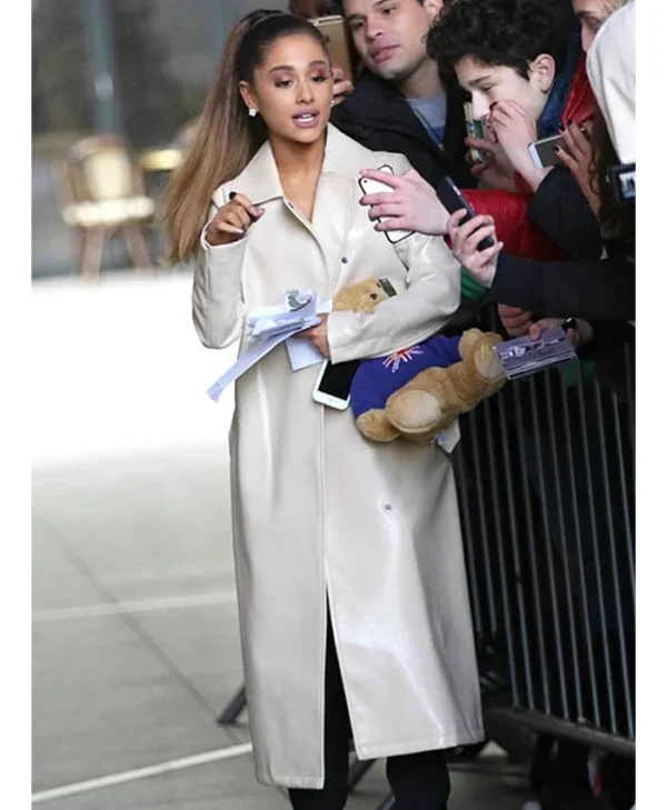 Ariana Grande Long Leather Cream Coat