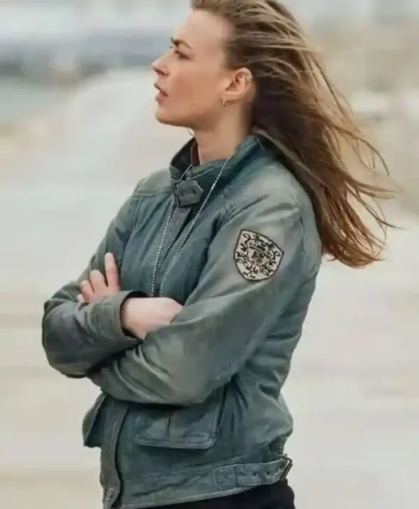 Blood Coast S01 Jeanne Goursaud Grey Leather Jacket For Sale