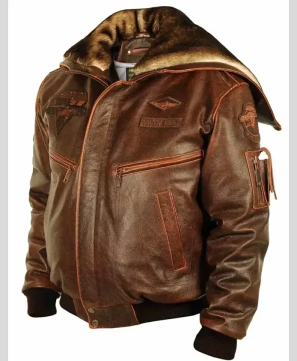 Cap Aviator Top Gun Brown Real Leather Jacket With Fur Hood