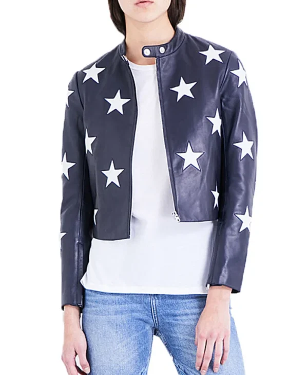 Cheryl Blossom Riverdale Blue Cropped Star Printed Leather Jacket