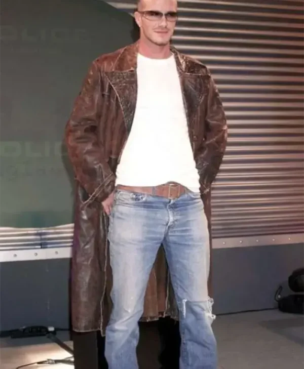 David Beckham Leather Brown Trench Coat