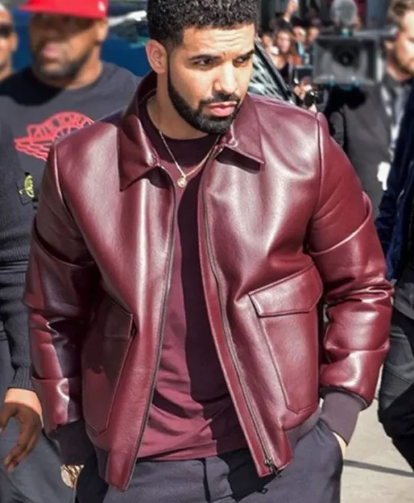 Drake Film Festival Maroon Leather Bomber Jacket