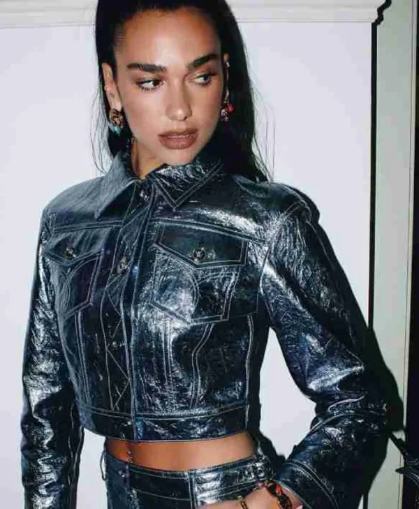 Dua Lipa Barbie Metallic Distressed Leather Jacket