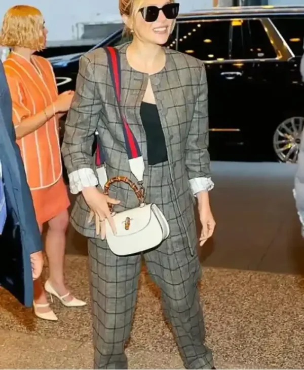 Elizabeth Olsen Grey Plaid Suit