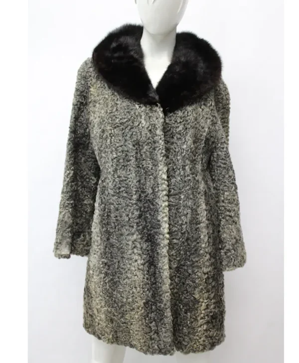 Gray Astrakhan Persian Lamb Mink Fur Collar Jacket