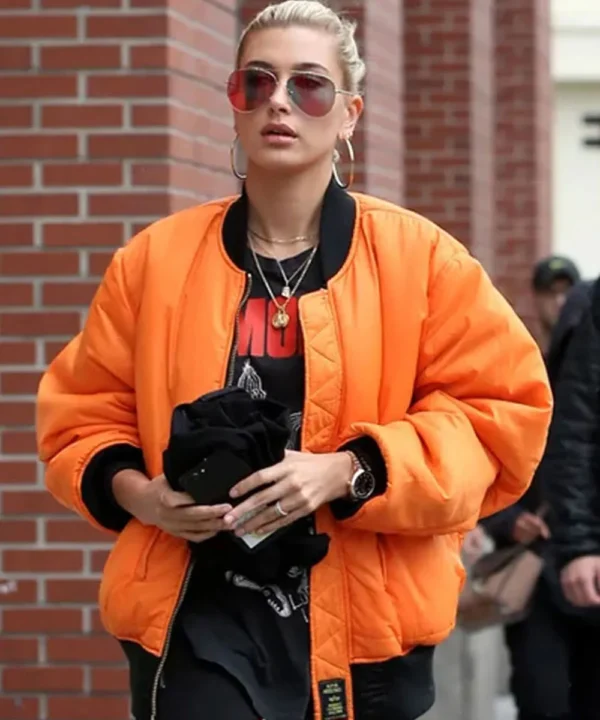 Hailey Bieber Bomber Orange Jacket