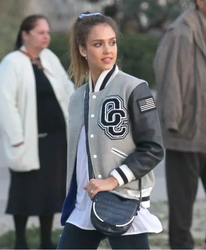 Jessica Alba Classic Opening Ceremony Gray Varsity Jacket - Oskar Jacket