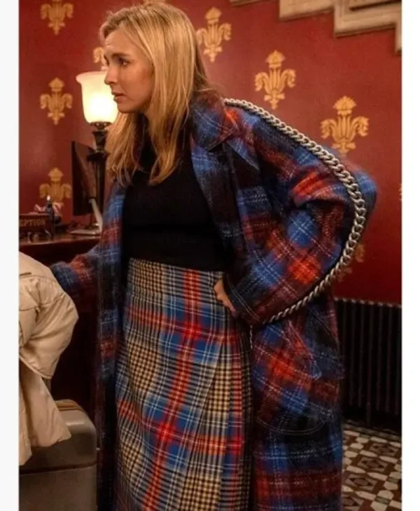 Killing Eve S03 Villanelle Blue and Red Plaid Chain Trim Coat