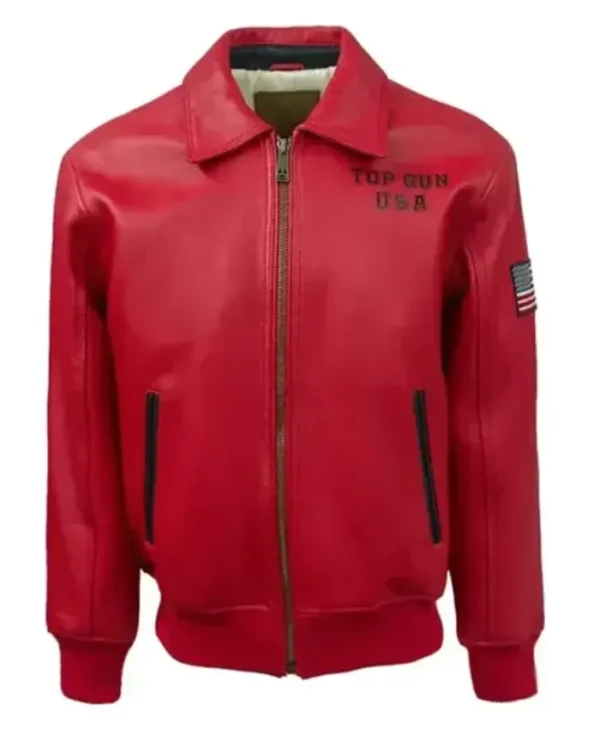 Lady Lucky Top Gun USA Zip Up Red Bomber Leather Jacket