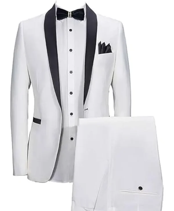 Mens Black Shawl Lapel Single Breasted White Tuxedo Suit Dress