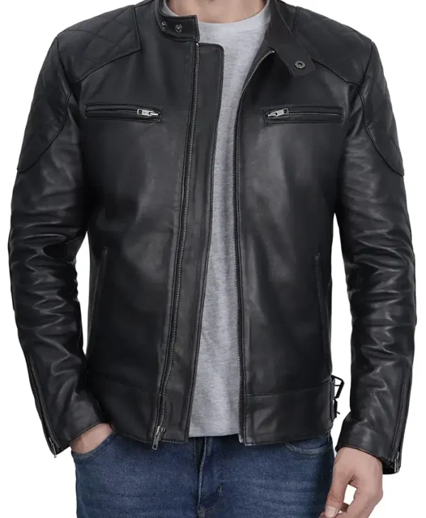 Mens Cafe Racer Black Quilted Shoulders Biker Leather Jacket