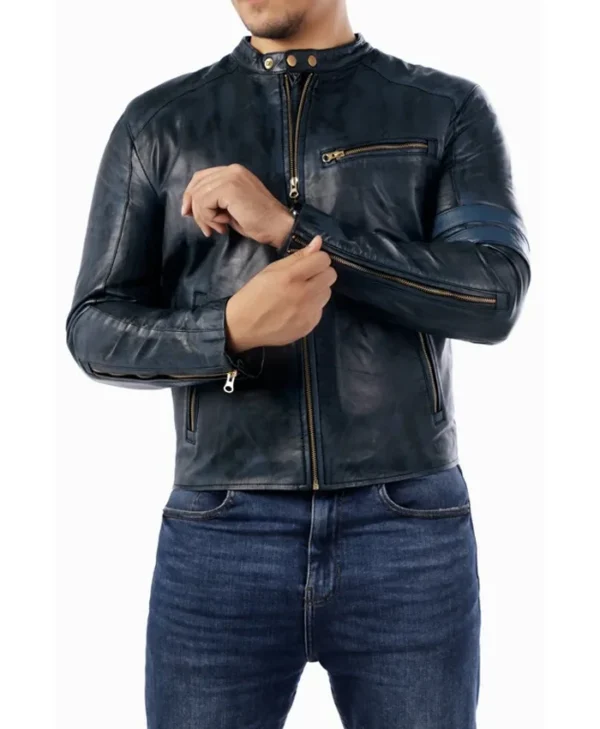 Men’s Cafe Racer Genuine Leather Jacket Blue