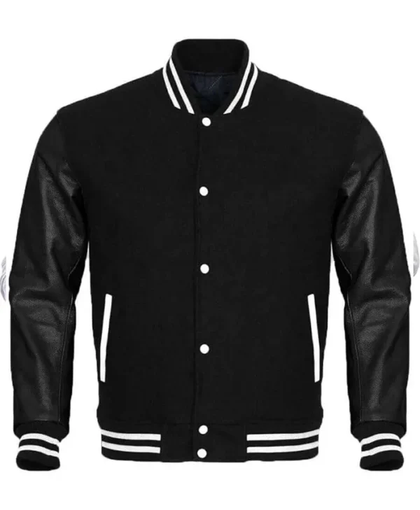 Mens College Black and White PU Leather Sleeves Letterman Jacket