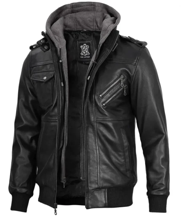 Mens Ferndale Real Leather Hooded Black Bomber Jacket