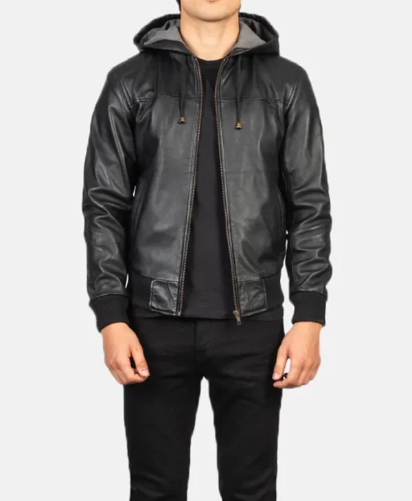 Mens Leather Bomber Biker Hood Jacket