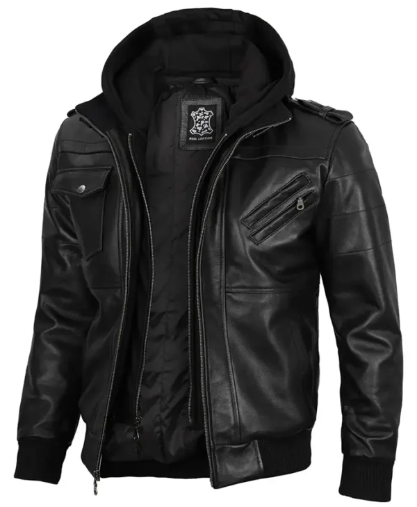 Mens Leather Detach Hood Black Jacket