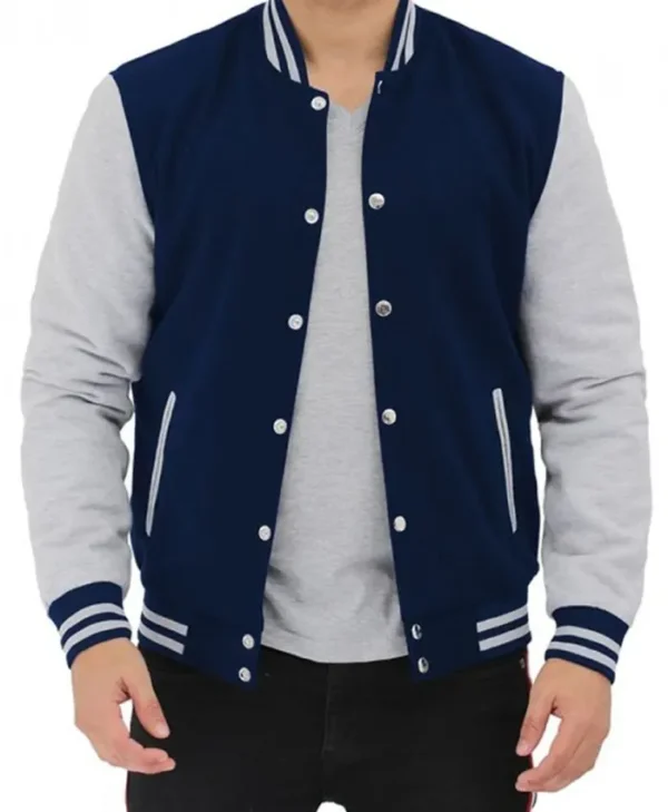 Mens Navy Blue Letterman Wool Varsity Bomber Jacket