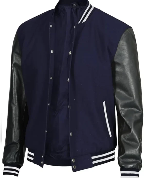 Mens Navy Blue and Black Varsity Wool Letterman Jacket