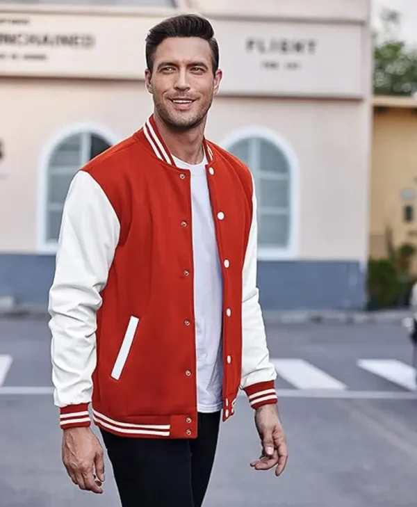 Mens Red and White Baseball Sports Varsity Letterman Jacket