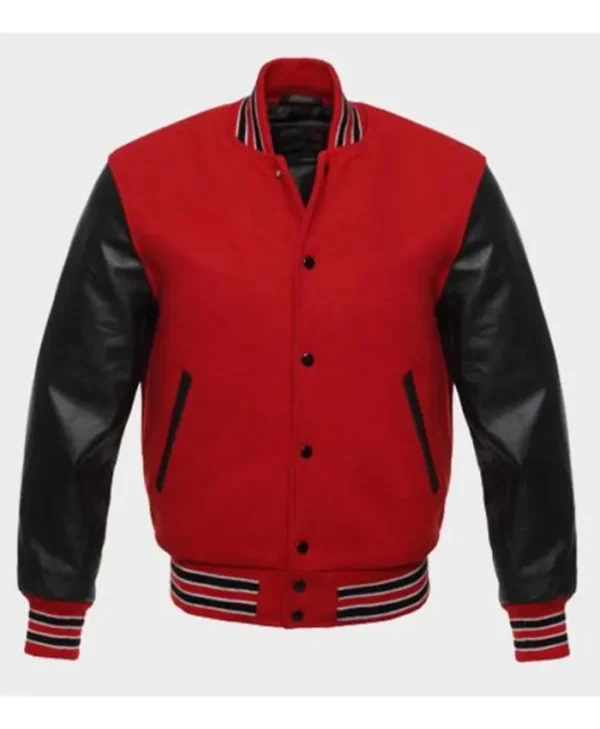 Mens School Black and Red Letterman PU Leather Sleeves Bomber Jacket