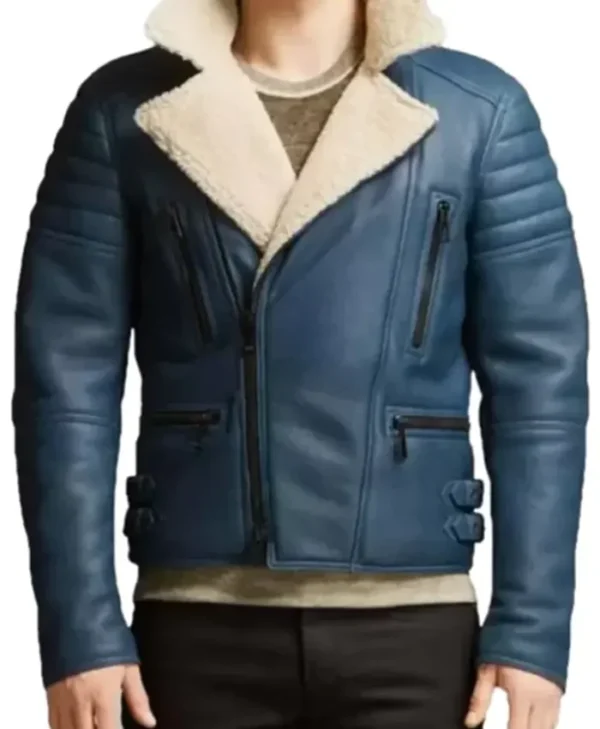 Mens Shearling Fur Blue Biker Asymmetrical Leather Jacket