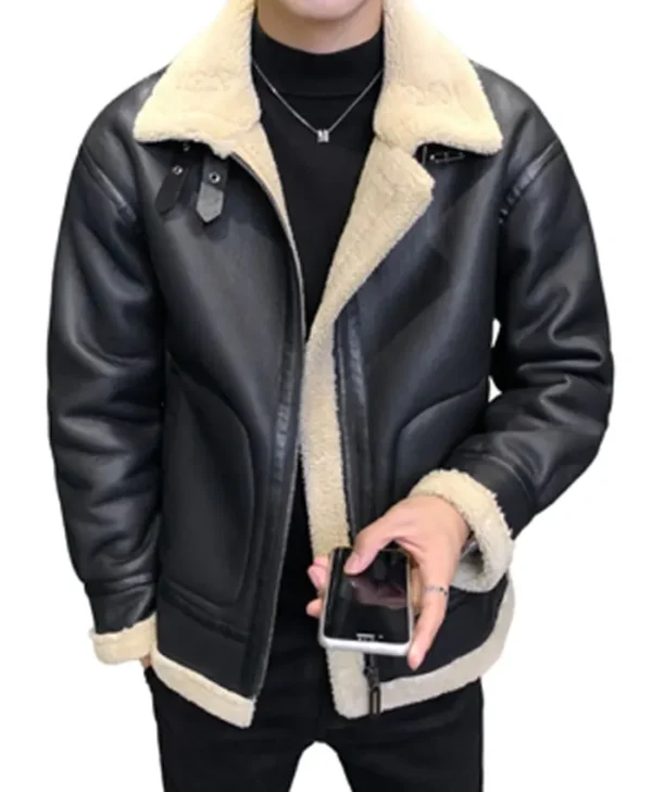 Mens Sheepskin Black Leather Jacket For Sale