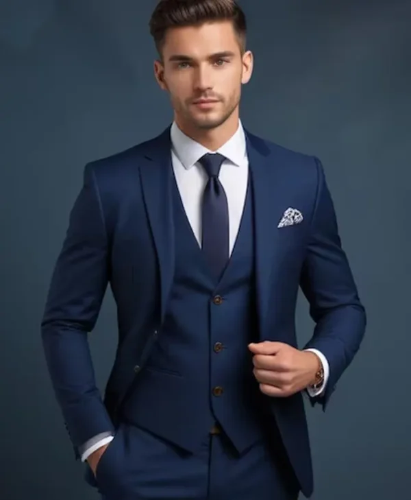 Mens Suiting Fabric Three Piece Navy Blue Vested Dinner Suit