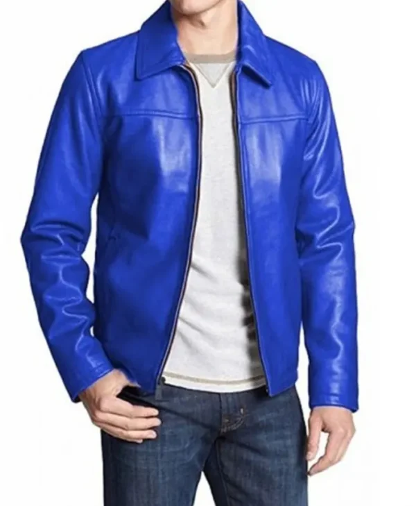 Mens Synthetic Leather Biker Blue Jacket