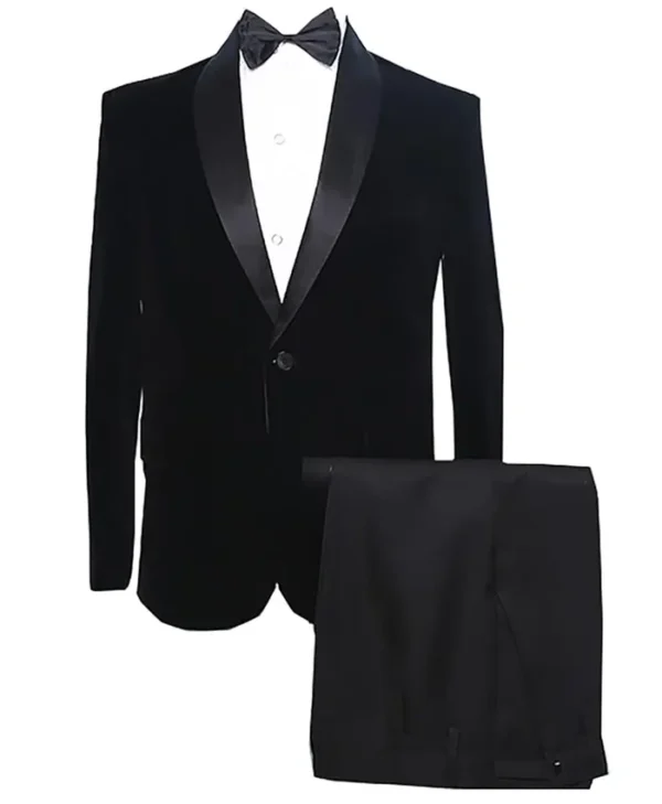 Mens Velvet Black Groom Tuxedo Lapel Style Suit Dress