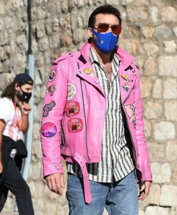 Nicolas Cage Pink Biker Leather Jacket