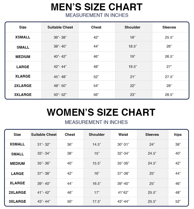 Oskar Jacket Size Chart