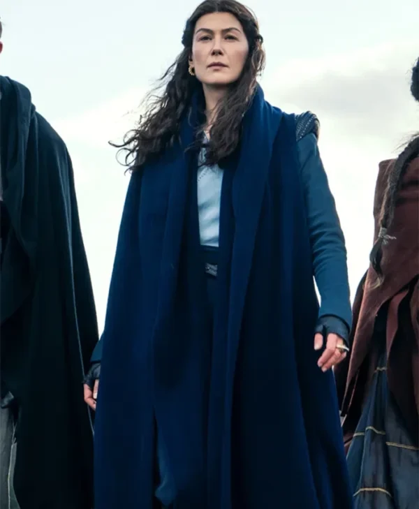 Rosamund Pike The Wheel Of Time Blue Long Coat