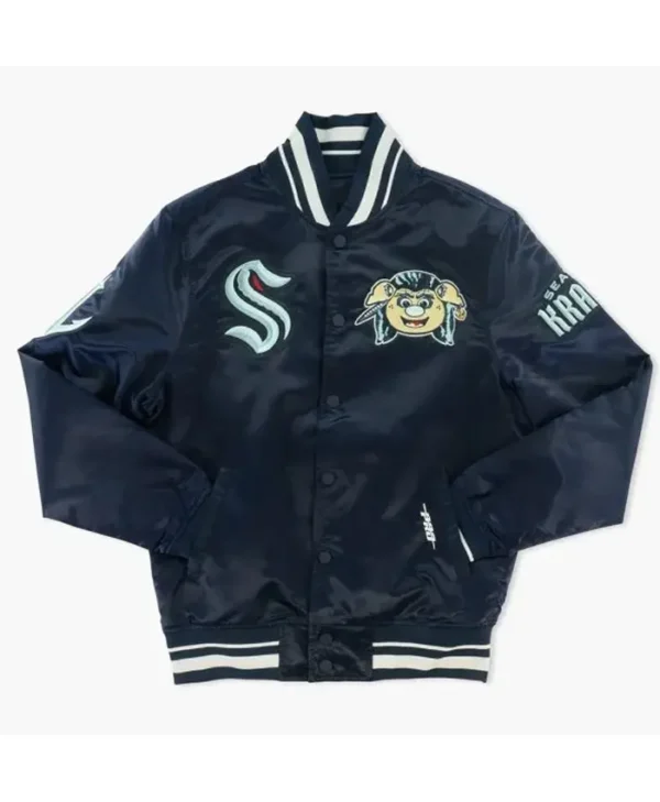 Seattle Kraken Buoy Mascot Blue Satin Varsity Jacket