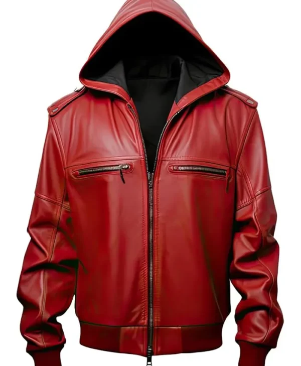 Slim Fit Red Hooded Leather Jacket