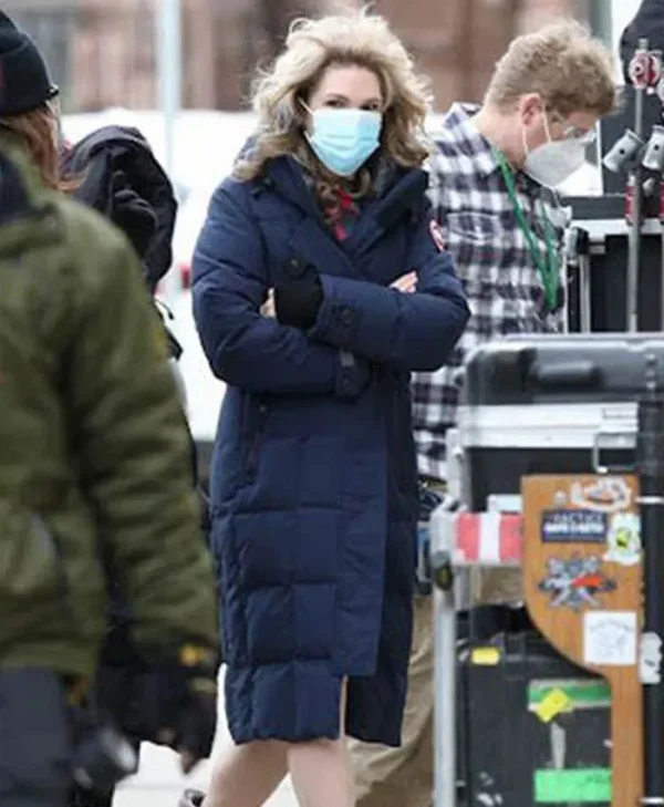 The Tender Bar Lily Rabe Mom Blue Puffer Coat