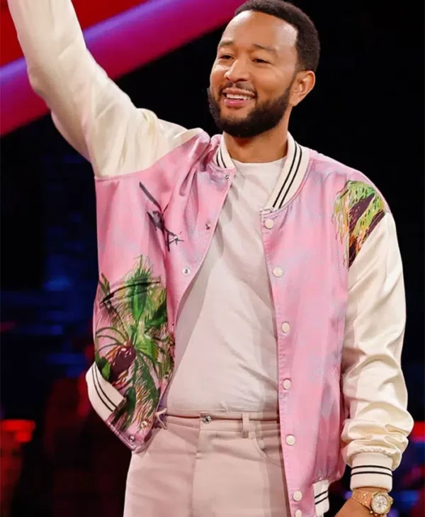 The Voice John Legend Pink Satin Varsity Jacket