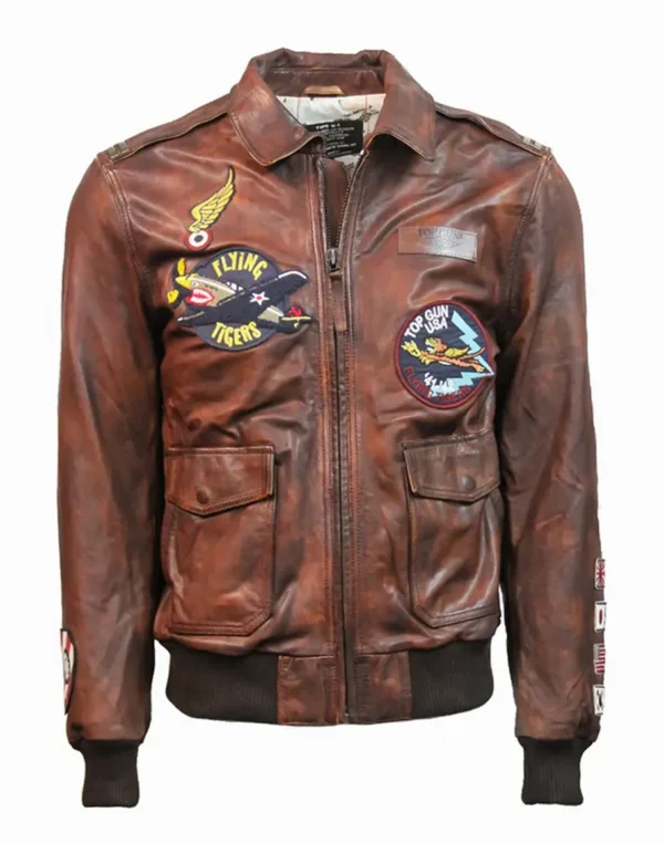 Top Gun Flying Tigers Zip Up Pilot Bomber Leather Jacket