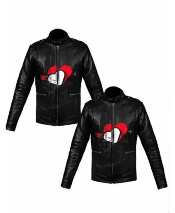 Valentine Heart Printed Black Leather Couples Jacket