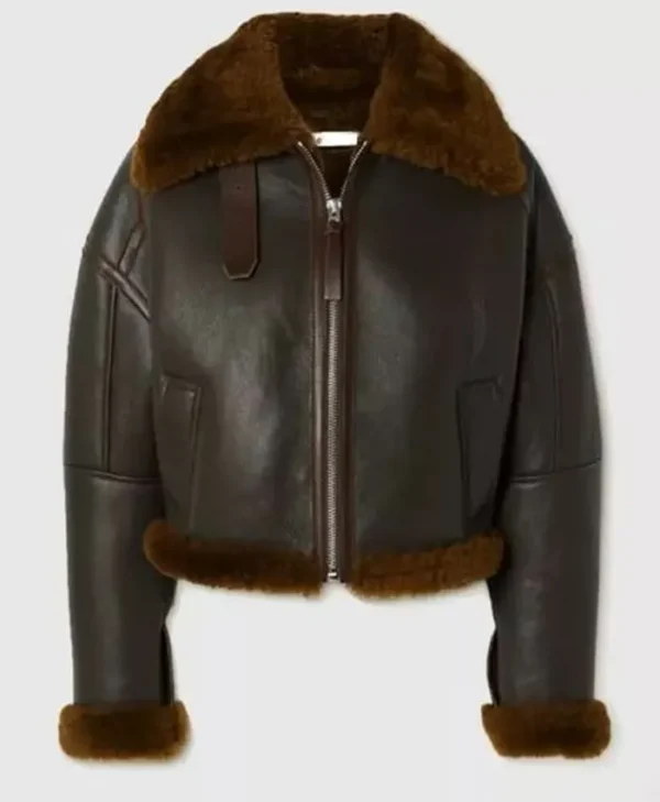 Women Brown Aviator Shearling Sheepskin Cropped Bomber Jacket