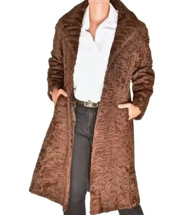 Women Brown Swakara Lamb Fur Trench Coat With Fur Collar