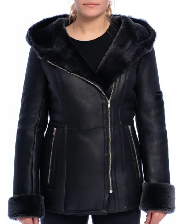 Women Shearling Sheepskin Coat with Detachable Faux Fur Hood