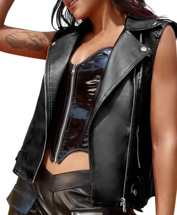 Women Slim Fit Black Biker Vest